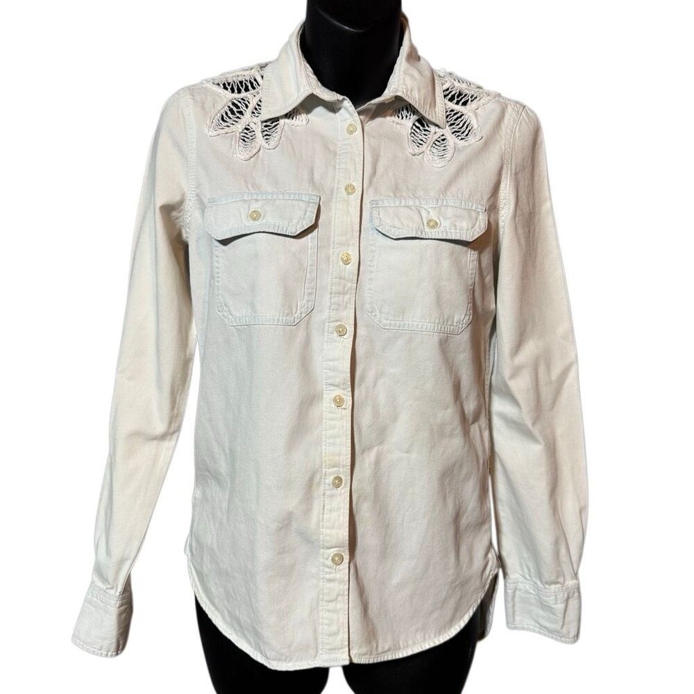 Aeropostale Pale Wash Blue White Crochet Crocheted Button Shirt Junior’s XS